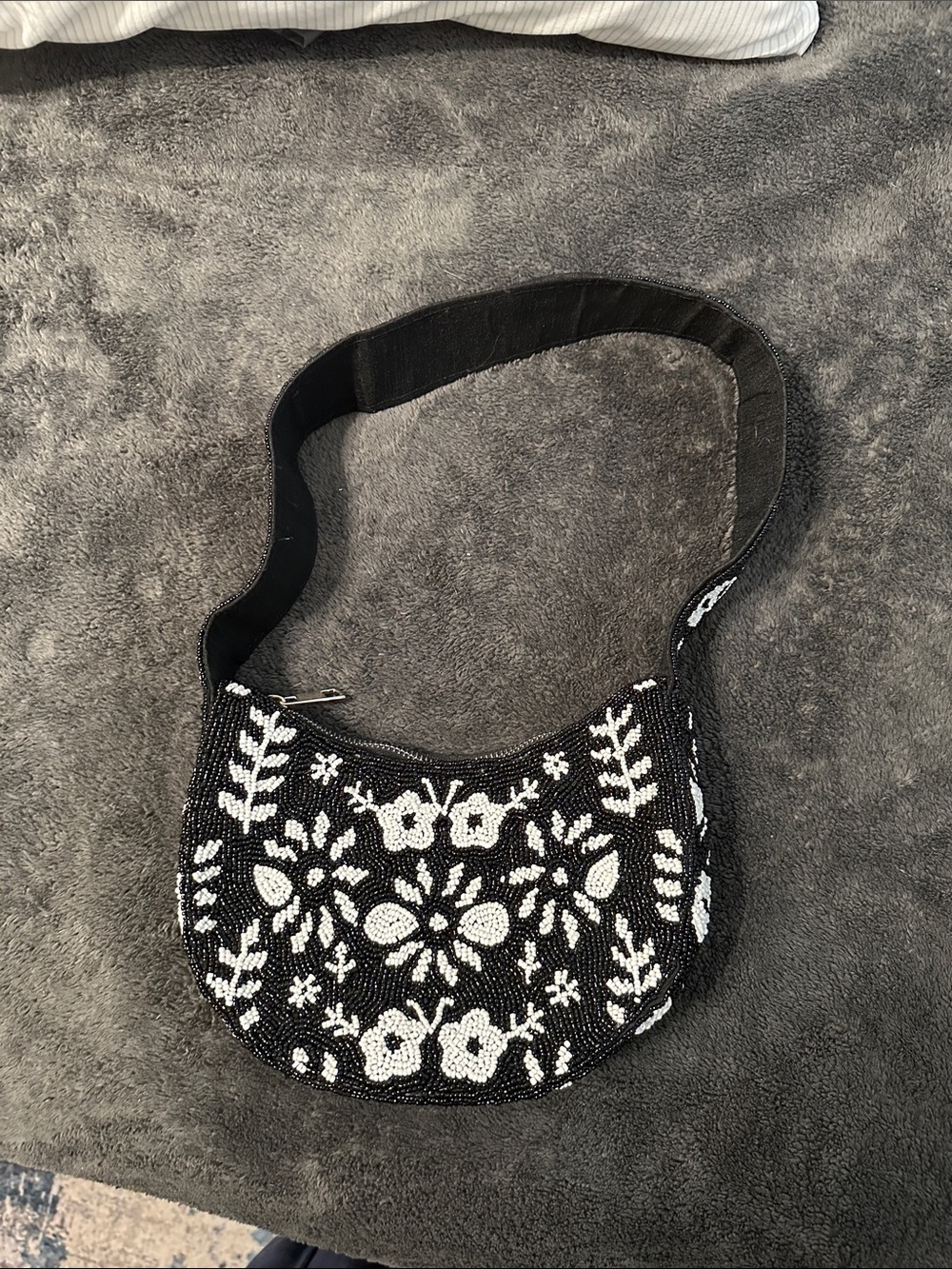 Black & White Beaded Floral Shoulder Bag